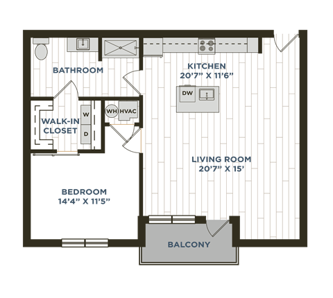 Floor plan for 1 bed, 1 bath, 960 sqft